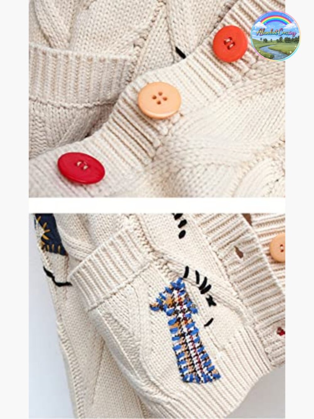 Cable Knit Embroidery Patchwork Cardigan V Neck Long Sleeve Button Down Sweater - Picture 5 of 5